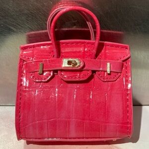 👜Handmade Mini Fuchsia Crocodile Pattern Birkin AirPods Tote Bag Charm Miniature